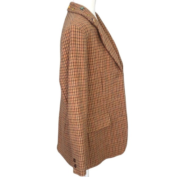 Armand Ventilo Brown Houndstooth Print Wool Blazer Beaded Collar, French Size 40 - Picture 5 of 13